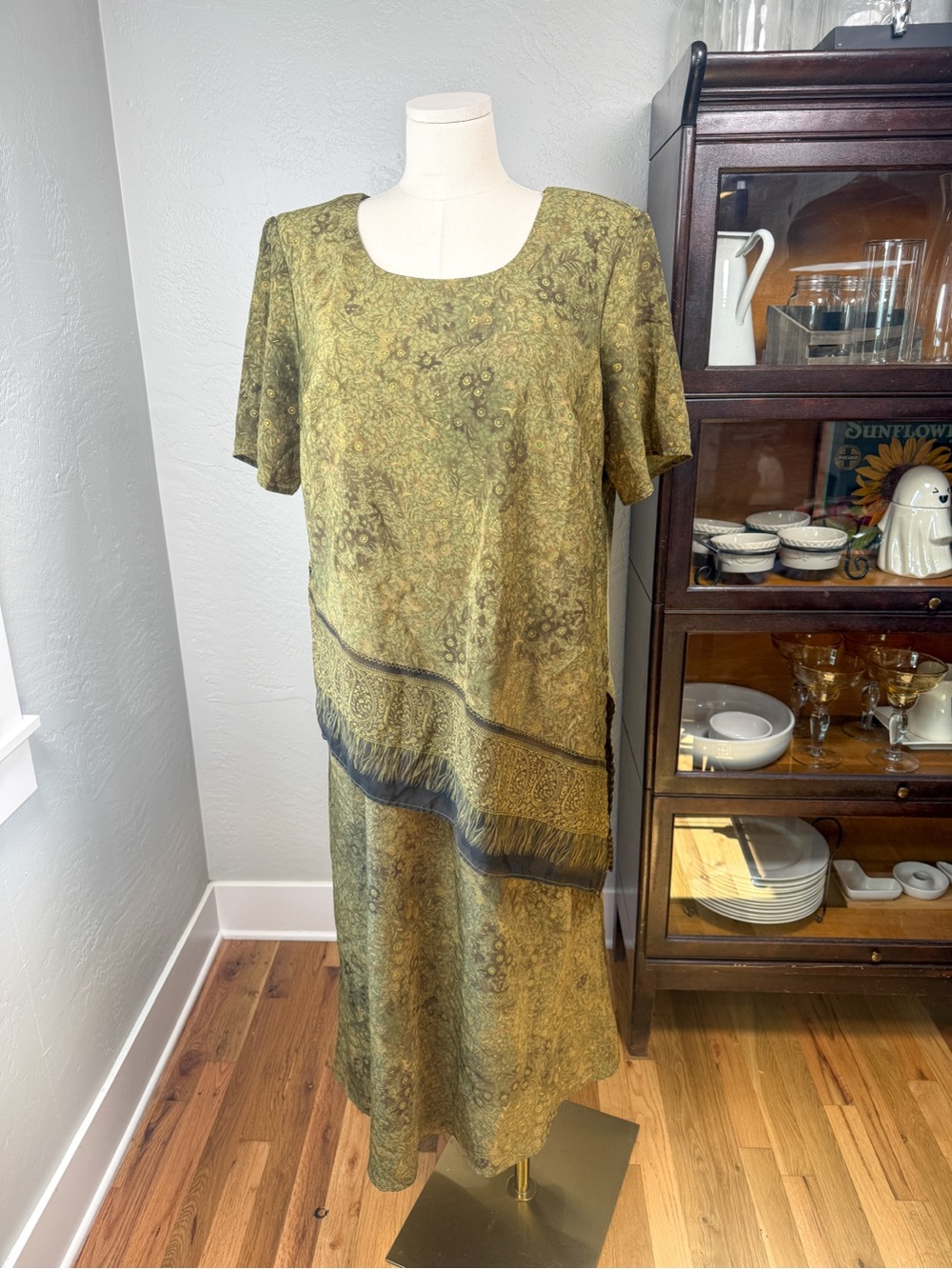 Rabbit Rabbit Designs Vintage Olive Floral Layered Maxi Dress Boho Plus Size 16W